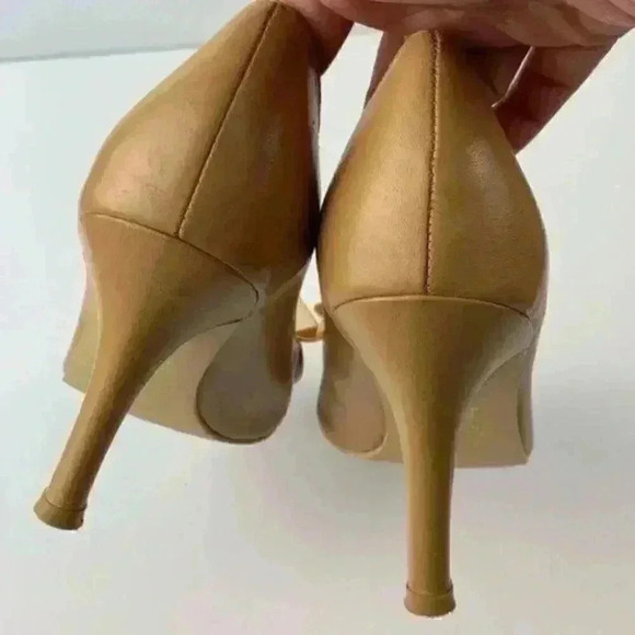Newport News heels size 7 tan leather peep toe bow - Picture 7 of 9